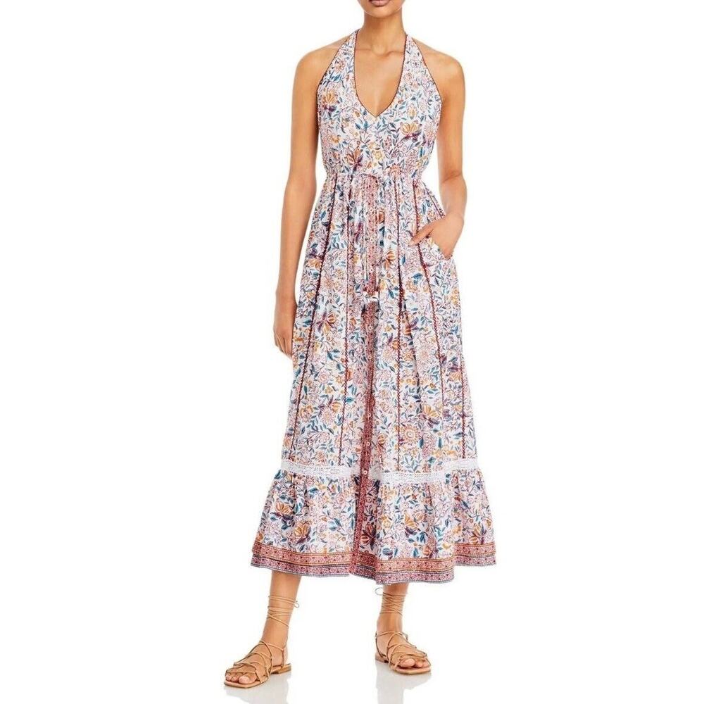 Poupette St Barth Carine Maxi Dress S Floral Halter Tiered Pockets Cottagecore